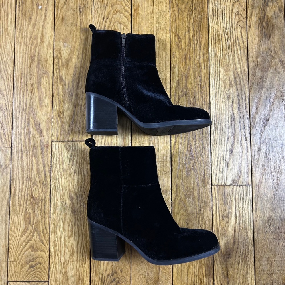 Franco Sarto Black Velvet Block Heel Ankle Boots‎ Side Zip Square Toe Size 6